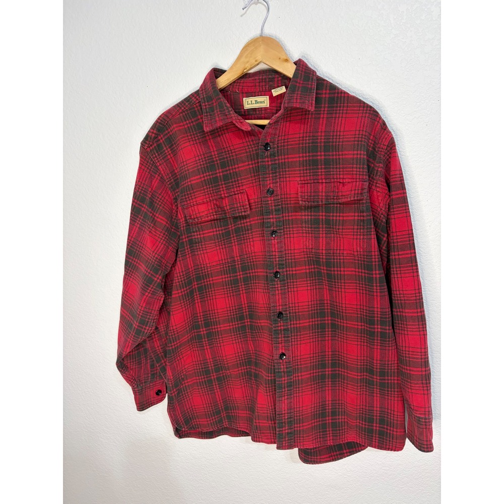LL Bean Mens XL Red Black Plaid Flannel Button Down Shirt 100% Cotton G027 - Picture 2 of 5